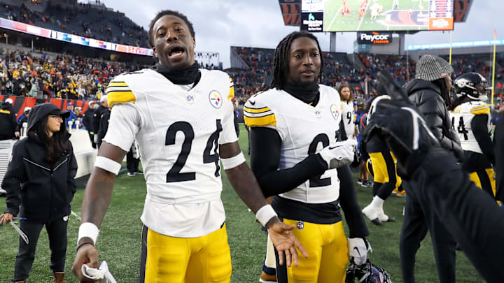 Nov 26, 2023; Cincinnati, Ohio, USA;  Pittsburgh Steelers cornerback Joey Porter Jr. (24) and cornerback Darius Rush (21) celebrate after the game against the Cincinnati Bengals at Paycor Stadium. Mandatory Credit: Joseph Maiorana-Imagn Images