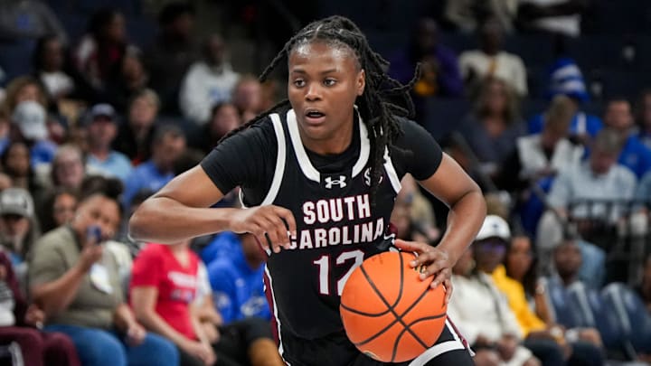South Carolina's MiLaysia Fulwiley (12) drives to the basket during the game between South Carolina and Memphis in the Hoops for St. Jude Tip Off Classic at FedExForum. South Carolina's MiLaysia Fulwiley (12) drives to the basket during the game between South Carolina and Memphis in the Hoops for St. Jude Tip Off Classic at FedExForum.