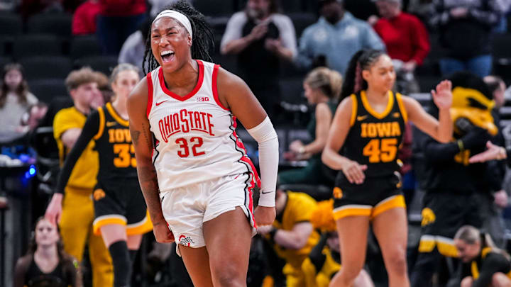 Ohio State Buckeyes forward Cotie McMahon (32) celebrates Friday, March 7, 2025, after winning a quarterfinals game at the 2025 TIAA Big Ten Women's Basketball Tournament between the Iowa Hawkeyes and the Ohio State Buckeyes at Gainbridge Fieldhouse in Indianapolis. The Buckeyes defeated the Hawkeyes, 60-59. Ohio State Buckeyes forward Cotie McMahon (32) celebrates Friday, March 7, 2025, after winning a quarterfinals game at the 2025 TIAA Big Ten Women's Basketball Tournament between the Iowa Hawkeyes and the Ohio State Buckeyes at Gainbridge Fieldhouse in Indianapolis. The Buckeyes defeated the Hawkeyes, 60-59.