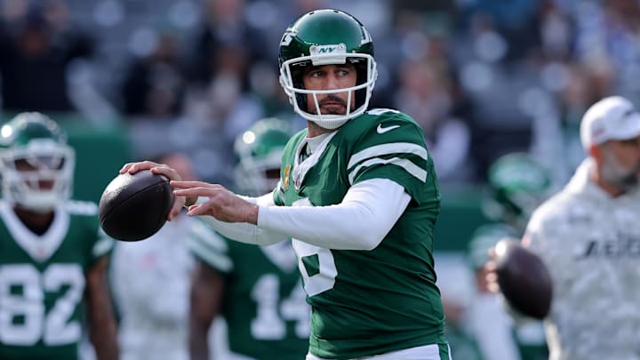 Nov 17, 2024; East Rutherford, New Jersey, USA; New York Jets quarterback Aaron Rodgers (8) warms up before a game against the Indianapolis Colts at MetLife Stadium. Mandatory Credit: Brad Penner-Imagn Images