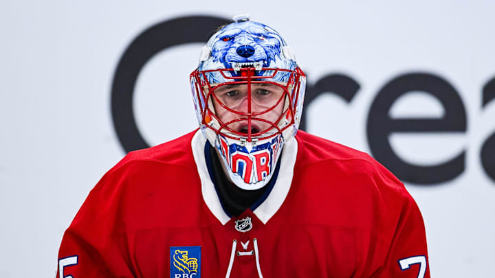 Apr 26, 2026; Montreal, Quebec, CAN; Montreal Canadiens goalie Jakub Dobes (75) looks on against the Tampa Bay Lightning during the second period in game four of the first round of the 2026 Stanley Cup Playoffs at Bell Centre. Mandatory Credit: David Kirouac-Imagn Images