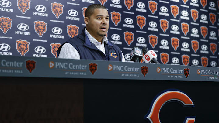 Mar 16, 2023; Lake Forest, IL, USA; Chicago Bears general manager Ryan Poles speaks during a press conference at Halas Hall. Mandatory Credit: Kamil Krzaczynski-Imagn Images
