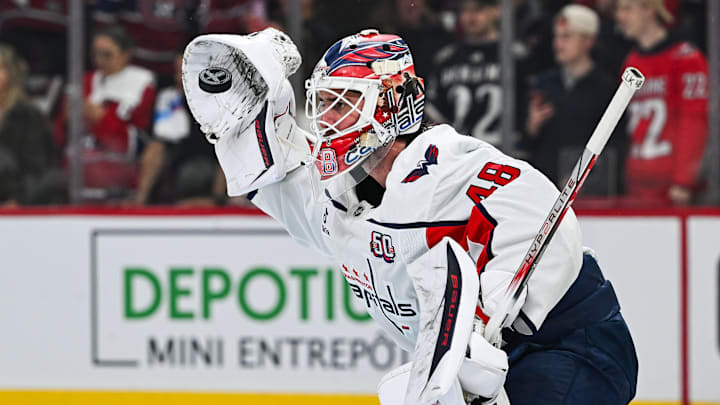 Apr 27, 2025; Montreal, Quebec, CAN; Washington Capitals goalie Logan Thompson (48) takes shots during warm-up before a game against the Montreal Canadiens in game four of the first round of the 2025 Stanley Cup Playoffs at Bell Centre. Mandatory Credit: David Kirouac-Imagn Images