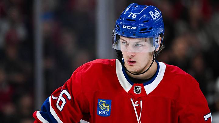 Apr 5, 2026; Montreal, Quebec, CAN; Montreal Canadiens right wing Zachary Bolduc (76) looks on against the New Jersey Devils during the third period at Bell Centre. Mandatory Credit: David Kirouac-Imagn Images