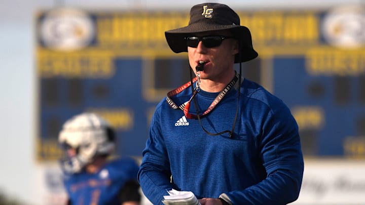 Lubbock Christian football coach Chris Softley blows the whistle during practice, Wednesday, Nov. 29, 2023, at Masked Rider Capital Field. He was hired as the head coach at UT-Permian Basin on Dec. 31. 