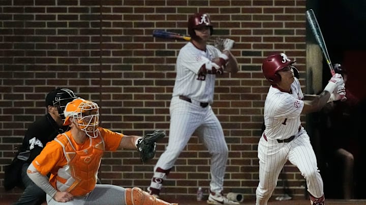 Mar 21, 2025; Tuscaloosa AL, USA; Alabama shortstop Justin Lebron (1) connects with a pitch during the second game of the series with Tennessee at Sewell-Thomas Stadium.