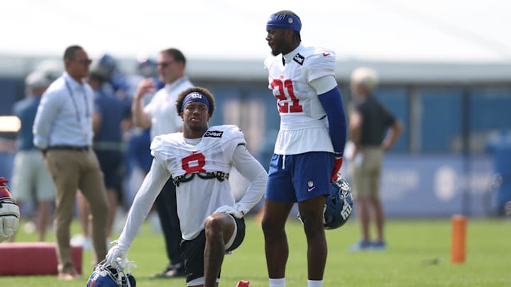New York Giants safety Jevon Holland (8) is listed questionable and cornerback Paulson Adebo (21) has been declared out of Sunday's game against the 49ers. New York Giants safety Jevon Holland (8) is listed questionable and cornerback Paulson Adebo (21) has been declared out of Sunday's game against the 49ers.