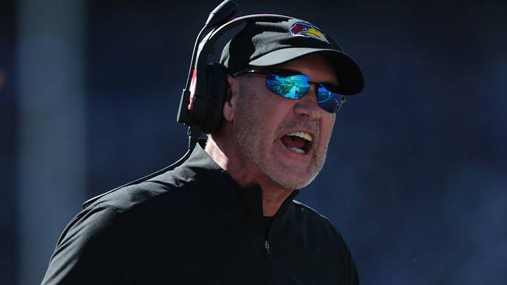 Kansas Jayhawks head coach Lance Leipold yells from the sidelines during the Sunflower Showdown game against Kansas State Wildcats at Bill Snyder Family Stadium in Manhattan, Kansas on Oct. 17, 2026. Kansas Jayhawks head coach Lance Leipold yells from the sidelines during the Sunflower Showdown game against Kansas State Wildcats at Bill Snyder Family Stadium in Manhattan, Kansas on Oct. 17, 2026.
