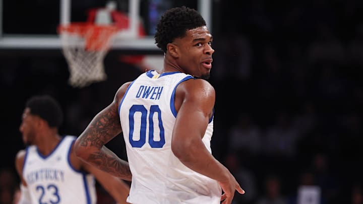 Nov 18, 2025; New York, New York, USA; Kentucky Wildcats guard Otega Oweh (00) reacts after a basket during the first half against the Michigan State Spartans at Madison Square Garden. Mandatory Credit: Vincent Carchietta-Imagn Images
