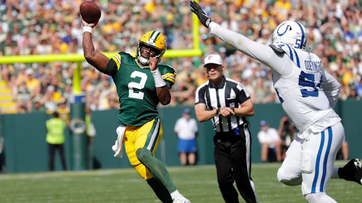 Green Bay Packers quarterback Malik Willis (2) throws a pass against Indianapolis Colts defensive end Dayo Odeyingbo (54) during their football game Sunday, September 15, 2024, at Lambeau Field in Green Bay, Wisconsin. Green Bay Packers quarterback Malik Willis (2) throws a pass against Indianapolis Colts defensive end Dayo Odeyingbo (54) during their football game Sunday, September 15, 2024, at Lambeau Field in Green Bay, Wisconsin.