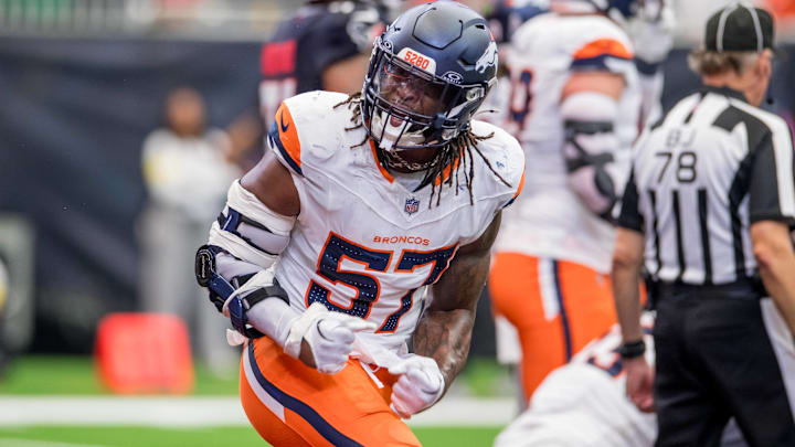November 2, 2025: Denver Broncos linebacker Dre Greenlaw (57) celebrates a defensive stop during a game between the Denver Broncos and the Houston Texans in Houston, TX. November 2, 2025: Denver Broncos linebacker Dre Greenlaw (57) celebrates a defensive stop during a game between the Denver Broncos and the Houston Texans in Houston, TX.
