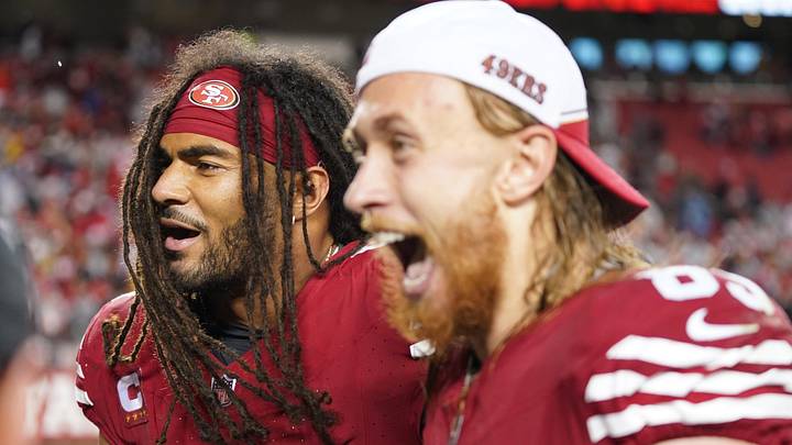 January 20, 2024; Santa Clara, CA, USA; San Francisco 49ers linebacker Fred Warner (54) and tight end George Kittle (85) celebrate after defeating the Green Bay Packers in a 2024 NFC divisional round game at Levi's Stadium. Mandatory Credit: Kyle Terada-Imagn Images