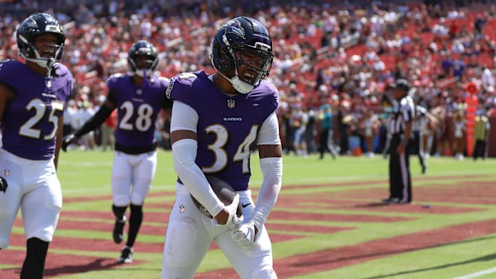 Aug 23, 2025; Landover, Maryland, USA; Baltimore Ravens cornerback Thomas Graham Jr. (34) celebrates after scoring a touchdown against the Washington Commanders in the fourth quarter at Northwest Stadium. Mandatory Credit: Jordyn Harris-Imagn Images Aug 23, 2025; Landover, Maryland, USA; Baltimore Ravens cornerback Thomas Graham Jr. (34) celebrates after scoring a touchdown against the Washington Commanders in the fourth quarter at Northwest Stadium. Mandatory Credit: Jordyn Harris-Imagn Images