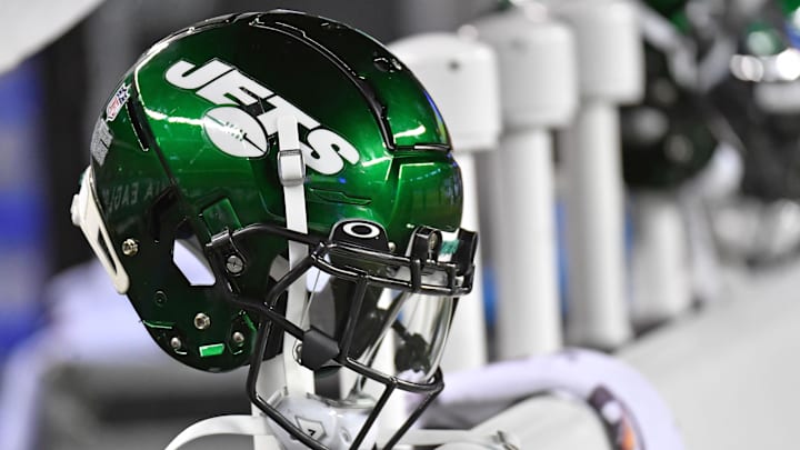 Aug 12, 2022; Philadelphia, Pennsylvania, USA; New York Jets helmet on the sidelines against the Philadelphia Eagles at Lincoln Financial Field. Mandatory Credit: Eric Hartline-Imagn Images