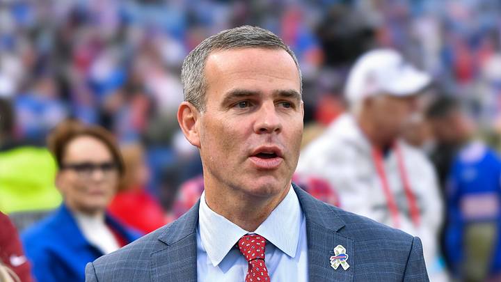 Nov 17, 2024; Orchard Park, New York, USA; Buffalo Bills general manager Brandon Beane on the field before a game against the Kansas City Chiefs at Highmark Stadium. Mandatory Credit: Mark Konezny-Imagn Images