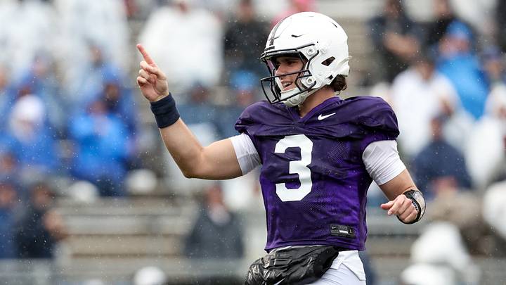Penn State Nittany Lions quarterback Rocco Becht reacts during the Blue-White practice at Beaver Stadium. Penn State Nittany Lions quarterback Rocco Becht reacts during the Blue-White practice at Beaver Stadium.