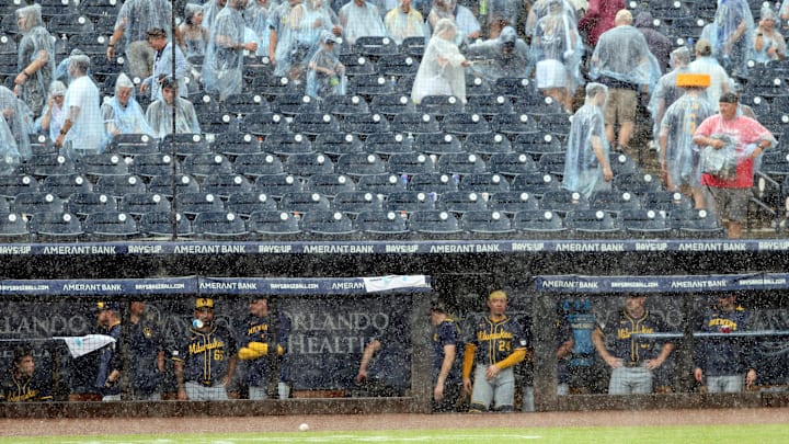 The Tampa Bay Rays had their first-ever home rain delay on Saturday at Steinbrenner Field in Tampa. Fans got free rain ponchos. The Tampa Bay Rays had their first-ever home rain delay on Saturday at Steinbrenner Field in Tampa. Fans got free rain ponchos.