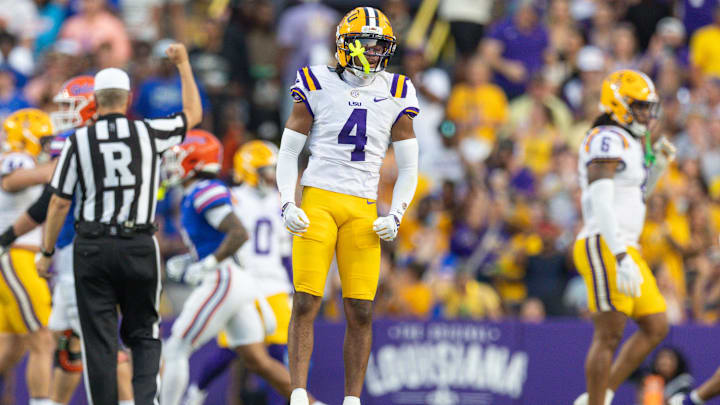 Sep 13, 2025; Baton Rouge, Louisiana, USA;  LSU Tigers cornerback Mansoor Delane (4) reacts to Florida Gators quarterback DJ Lagway (not pictured) making an incomplete pass during the first half at Tiger Stadium. Mandatory Credit: Stephen Lew-Imagn Images