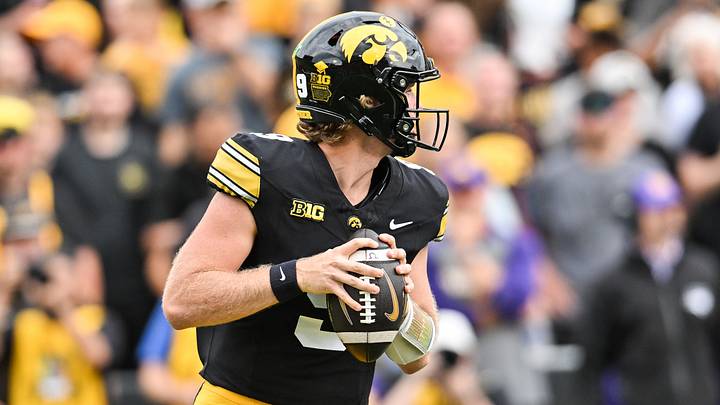 Sep 19, 2026; Iowa City, Iowa, USA;  Iowa Hawkeyes quarterback Hank Brown (9) looks to throws a pass against the UNI Panthers during the first quarter at Kinnick Stadium.  Mandatory Credit: Jeffrey Becker-Imagn Images