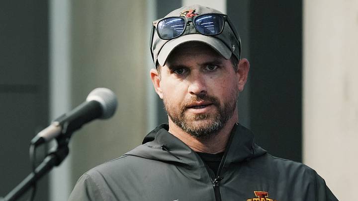 Iowa State football head coach Jimmy Rogers talks to media after first day practice at the university’s Stark Performance Center in Ames, Iowa. Iowa State football head coach Jimmy Rogers talks to media after first day practice at the university’s Stark Performance Center in Ames, Iowa.
