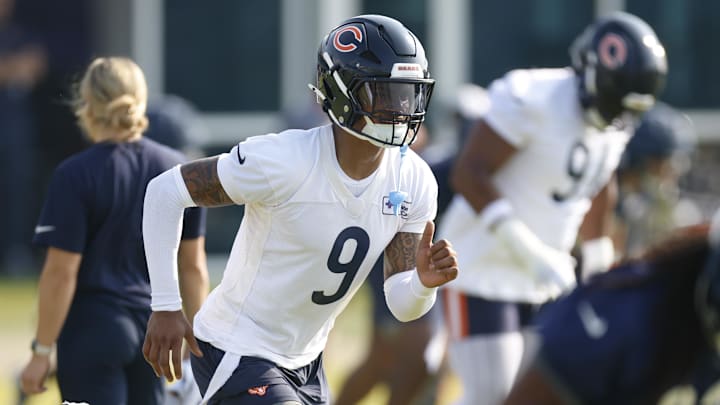 Jul 23, 2025; Lake Forest, IL, USA; Chicago Bears safety Jaquan Brisker (9) runs during training camp at Halas Hall. Mandatory Credit: Kamil Krzaczynski-Imagn Images