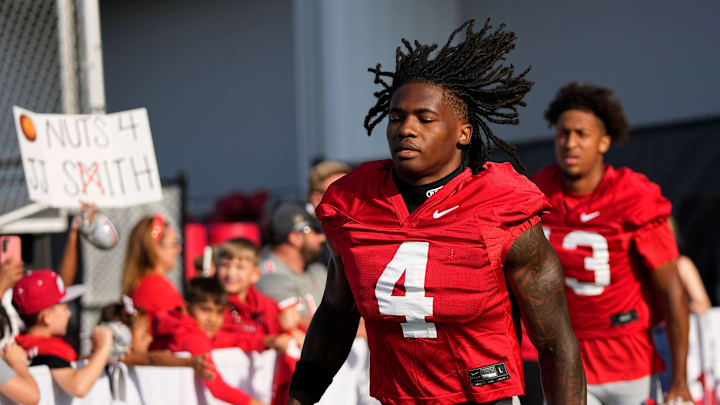 Ohio State Buckeyes wide receiver Jeremiah Smith (4) takes the field for football training camp at the Woody Hayes Athletic Center on Aug. 1, 2025.