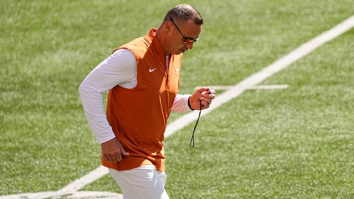 Texas Longhorns head coach Steve Sarkisian runs across the field during warm-ups prior to the NCAA football game against the Ohio State Buckeyes at Ohio Stadium on Aug. 30, 2025. Texas Longhorns head coach Steve Sarkisian runs across the field during warm-ups prior to the NCAA football game against the Ohio State Buckeyes at Ohio Stadium on Aug. 30, 2025.