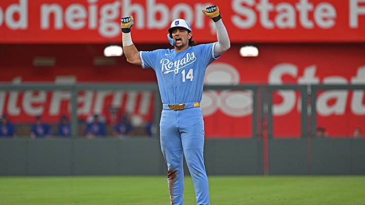 Aug 8, 2026; Kansas City, Missouri, USA; Kansas City Royals first baseman Jac Caglianone (14) reacts after hitting a double in the fifth inning against the Chicago Cubs at Kauffman Stadium. Mandatory Credit: Peter Aiken-Imagn Images Aug 8, 2026; Kansas City, Missouri, USA; Kansas City Royals first baseman Jac Caglianone (14) reacts after hitting a double in the fifth inning against the Chicago Cubs at Kauffman Stadium. Mandatory Credit: Peter Aiken-Imagn Images