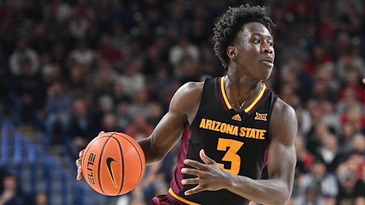 Nov 10, 2024; Spokane, Washington, USA; Arizona State Sun Devils guard Joson Sanon (3) controls the ball against the Gonzaga Bulldogs in the first half at McCarthey Athletic Center. Mandatory Credit: James Snook-Imagn Images