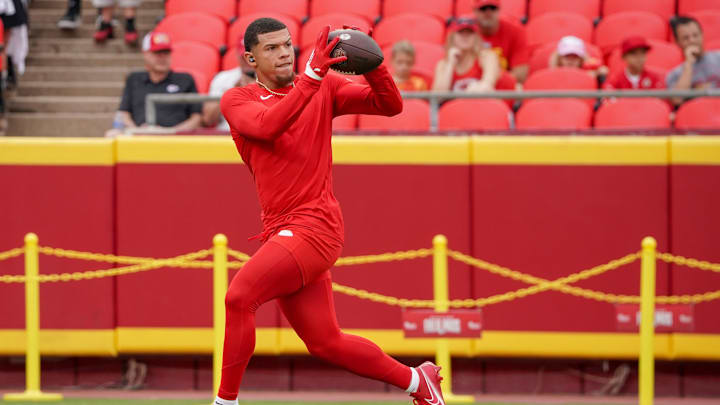 Aug 26, 2023; Kansas City, Missouri, USA; Kansas City Chiefs wide receiver Skyy Moore (24) warms up prior to a game against the Cleveland Browns at GEHA Field at Arrowhead Stadium. Mandatory Credit: Denny Medley-Imagn Images