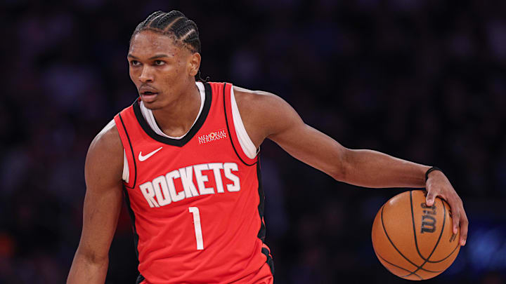 Feb 3, 2025; New York, New York, USA; Houston Rockets forward Amen Thompson (1) dribbles up court during the first half against the New York Knicks at Madison Square Garden. Mandatory Credit: Vincent Carchietta-Imagn Images