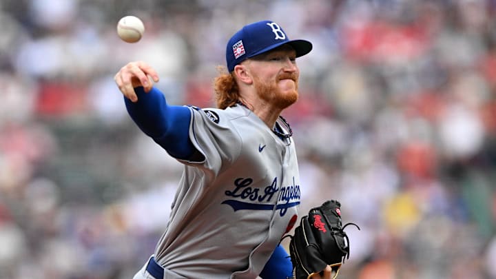 Jul 27, 2025; Boston, Massachusetts, USA; Los Angeles Dodgers starting pitcher Dustin May (85) pitches against the Boston Red Sox during the first inning at Fenway Park. Mandatory Credit: Brian Fluharty-Imagn Images