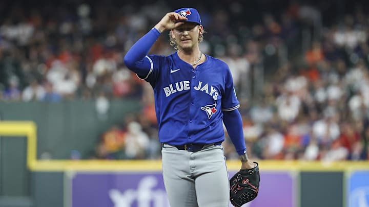 Apr 1, 2024; Houston, Texas, USA; Toronto Blue Jays starting pitcher Bowden Francis (44) reacts