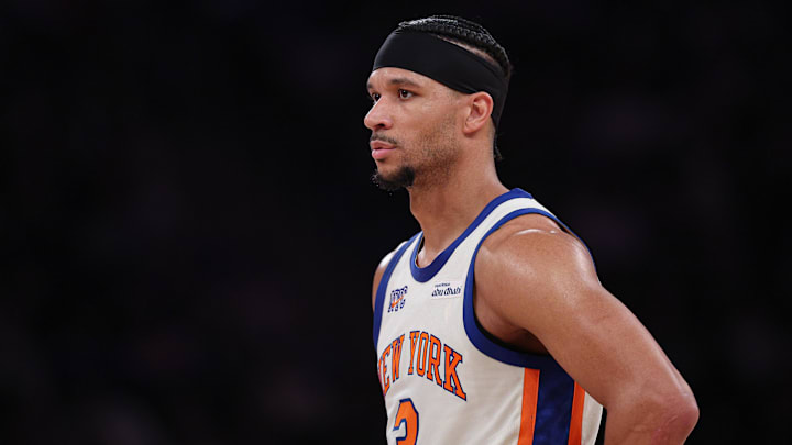 Mar 22, 2026; New York, New York, USA; New York Knicks guard Josh Hart (3) looks on during the first half against the Washington Wizards at Madison Square Garden. Mandatory Credit: Vincent Carchietta-Imagn Images