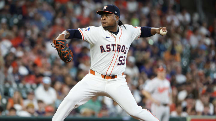 Jun 23, 2024; Houston, Texas, USA; Houston Astros starting pitcher Framber Valdez (59) pitches against the Baltimore Orioles in the first inning at Minute Maid Park. Mandatory Credit: Thomas Shea-USA TODAY Sports Jun 23, 2024; Houston, Texas, USA; Houston Astros starting pitcher Framber Valdez (59) pitches against the Baltimore Orioles in the first inning at Minute Maid Park. Mandatory Credit: Thomas Shea-USA TODAY Sports