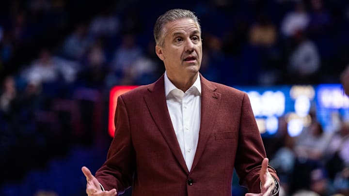 Jan 14, 2025; Baton Rouge, Louisiana, USA;  Arkansas Razorbacks head coach John Calipari reacts to a play against the LSU Tigers during the first half at Pete Maravich Assembly Center. Mandatory Credit: Stephen Lew-Imagn Images