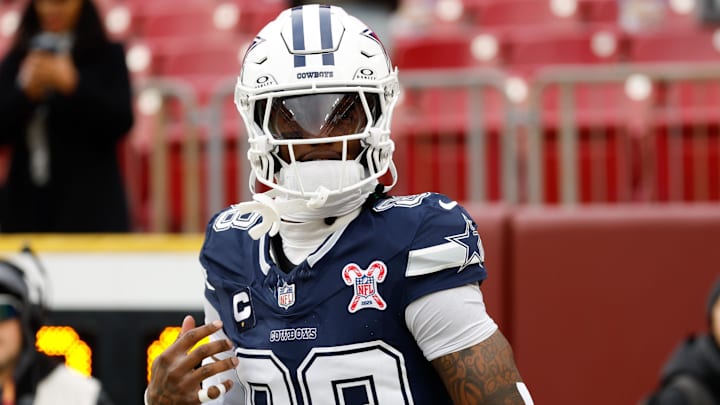 Dallas Cowboys wide receiver Ceedee Lamb runs onto the field prior to the game against the Washington Commanders. Dallas Cowboys wide receiver Ceedee Lamb runs onto the field prior to the game against the Washington Commanders.