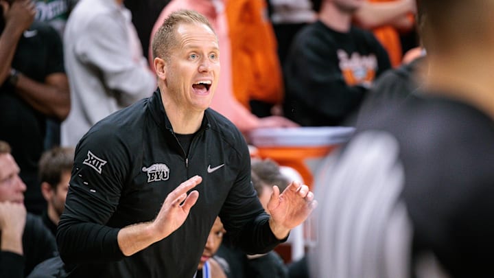 Feb 4, 2026; Stillwater, Oklahoma, USA; BYU Cougars coach Kevin Young reacts to a play during the second half against the Oklahoma State Cowboys at Gallagher-Iba Arena. Mandatory Credit: William Purnell-Imagn Images