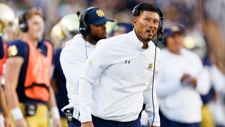 Notre Dame head coach Marcus Freeman looks on in the second half of a NCAA football game against NC State at Notre Dame Stadium on Saturday, Oct. 11, 2025, in South Bend.