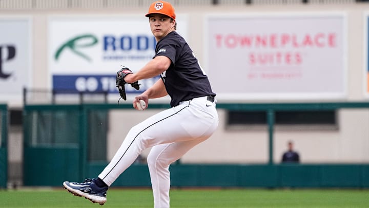 Detroit Tigers pitcher Jackson Jobe throws at batting practice during spring training at Joker Marchant Stadium in Lakeland, Fla. on Thursday, Feb. 20, 2025.