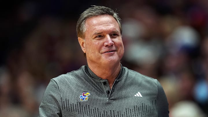 Nov 19, 2024; Lawrence, Kansas, USA; Kansas Jayhawks head coach Bill Self reacts during the second half against the North Carolina-Wilmington Seahawks at Allen Fieldhouse. Mandatory Credit: Jay Biggerstaff-Imagn Images Nov 19, 2024; Lawrence, Kansas, USA; Kansas Jayhawks head coach Bill Self reacts during the second half against the North Carolina-Wilmington Seahawks at Allen Fieldhouse. Mandatory Credit: Jay Biggerstaff-Imagn Images