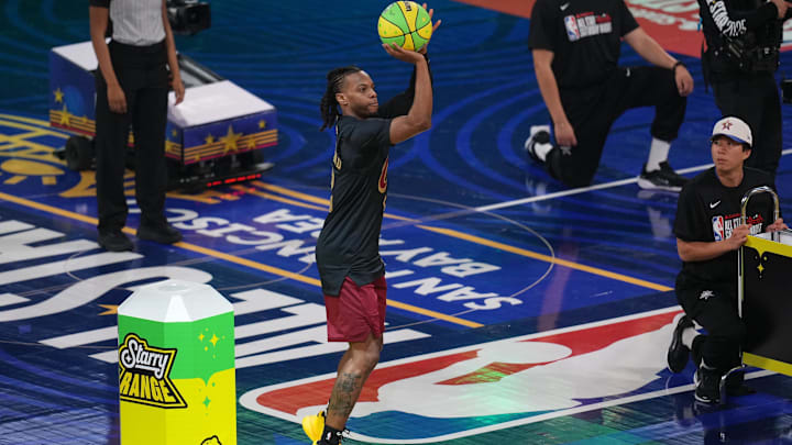 Feb 15, 2025; San Francisco, CA, USA; Cleveland Cavaliers guard Darius Garland (10) competes in the three-point contest during All Star Saturday Night ahead of the 2025 NBA All Star Game at Chase Center. Mandatory Credit: Cary Edmondson-Imagn Images
