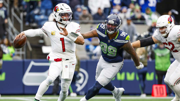 Nov 24, 2024; Seattle, Washington, USA; Arizona Cardinals quarterback Kyler Murray (1) passes against the Seattle Seahawks during the second quarter at Lumen Field. Mandatory Credit: Joe Nicholson-Imagn Images