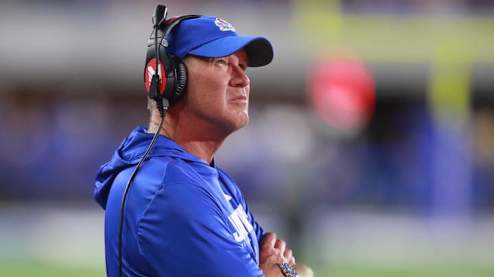Kansas Jayhawks head coach Lance Leipold watches the scoreboard during the game between Fresno State and Kansas at David Booth Kansas Memorial Stadium on Aug. 23, 2025.