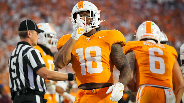 Tennessee running back DeSean Bishop (18) shushes the Mississippi State student section during a college football game between Tennessee and Mississippi State at Davis Wade Stadium in Starkville, Miss., on Sept. 27, 2025. Tennessee running back DeSean Bishop (18) shushes the Mississippi State student section during a college football game between Tennessee and Mississippi State at Davis Wade Stadium in Starkville, Miss., on Sept. 27, 2025.