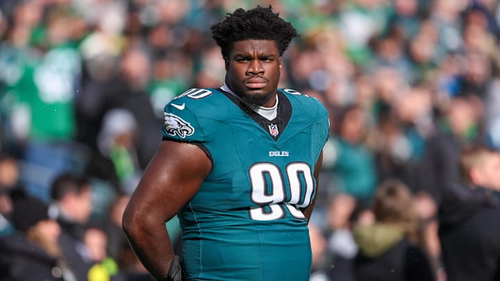 Dec 14, 2025; Philadelphia, Pennsylvania, USA; Philadelphia Eagles defensive tackle Jordan Davis (90) stands during the National Anthem before the game against the Las Vegas Raiders at Lincoln Financial Field. Mandatory Credit: Bill Streicher-Imagn Images