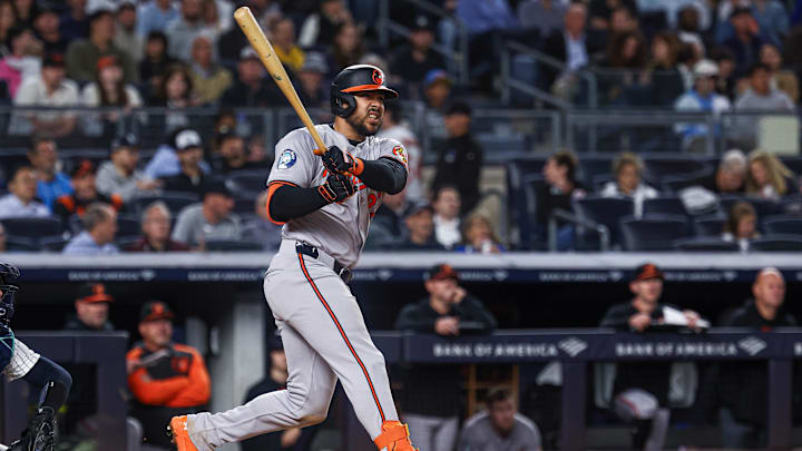 Sep 24, 2024; Bronx, New York, USA; Baltimore Orioles right fielder Anthony Santander (25) hits a solo home run during the sixth inning against the New York Yankees at Yankee Stadium. 