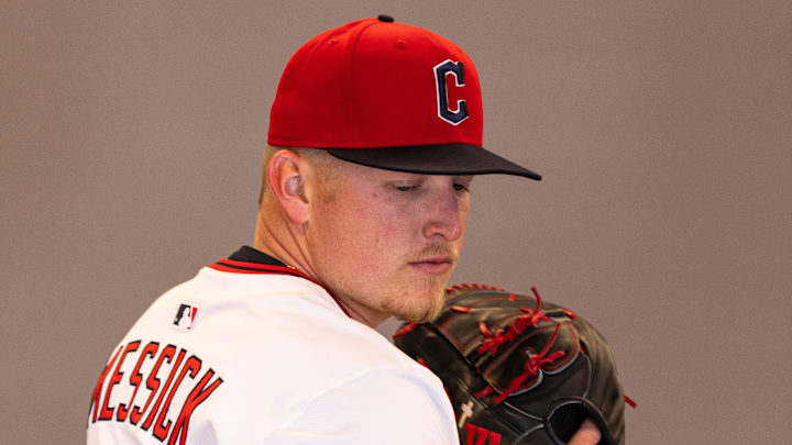 Feb 19, 2026; Goodyear, AZ, USA; Cleveland Guardians pitcher Parker Messick (77) during media day in Goodyear. Mandatory Credit: Arianna Grainey-Imagn Images