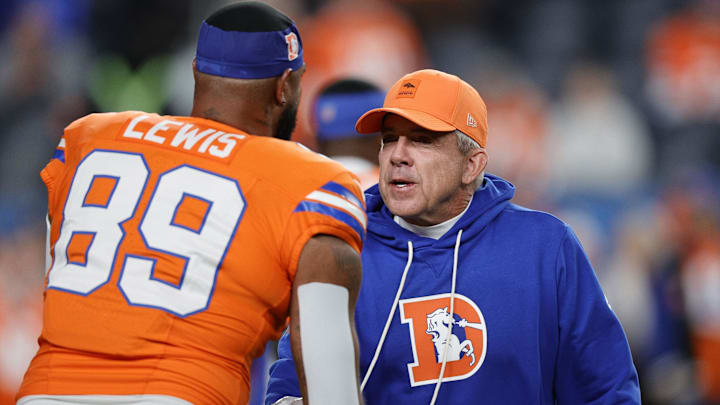 Nov 6, 2025; Denver, Colorado, USA; Denver Broncos head coach Sean Payton before the game at Empower Field at Mile High. 