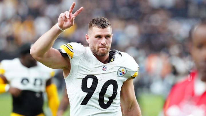 Oct 13, 2024; Paradise, Nevada, USA; Pittsburgh Steelers linebacker T.J. Watt (90) salutes the crowd after the Steelers defeated the Las Vegas Raiders at Allegiant Stadium. Mandatory Credit: Stephen R. Sylvanie-Imagn Images